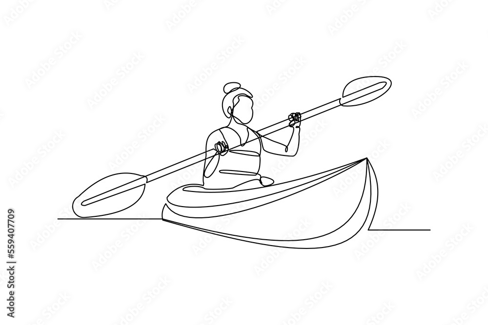 Continuous single one line drawing art of woman rowing canoe. Vector
