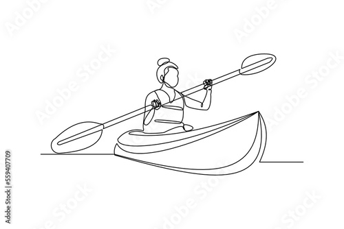 Continuous single one line drawing art of woman rowing canoe. Vector illustration of sport woman paddle kayak.