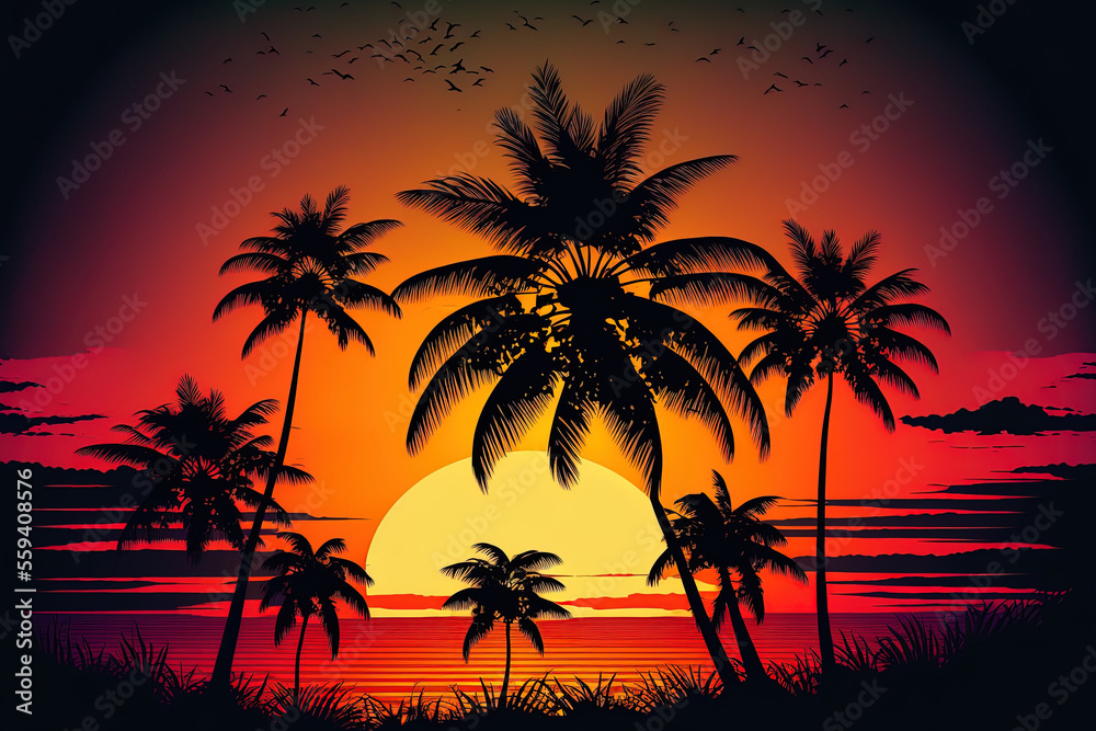 Lovely outdoor scenery with a sky and sunrise or sunset around a coconut palm tree. Generative AI
