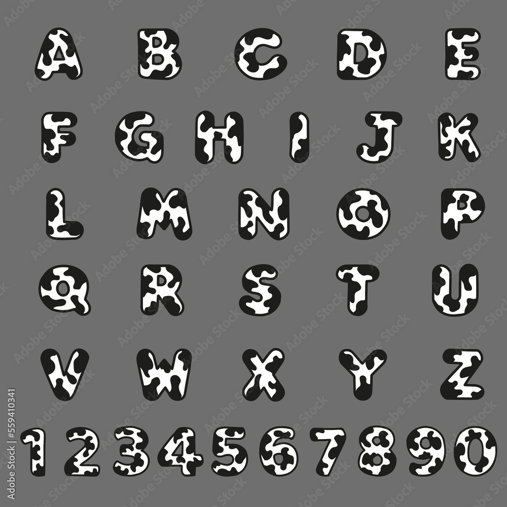 Cow style alphabet with black spots, font Cow style alphabet with black spots, font