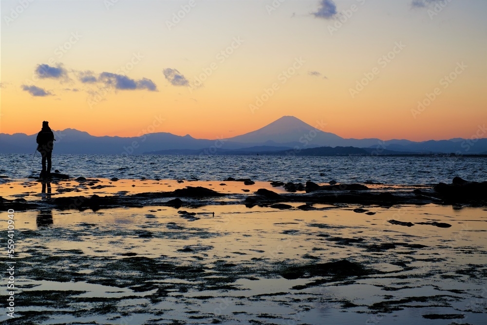 sunset on the beach of Enoshima island with Mt, Fuji
