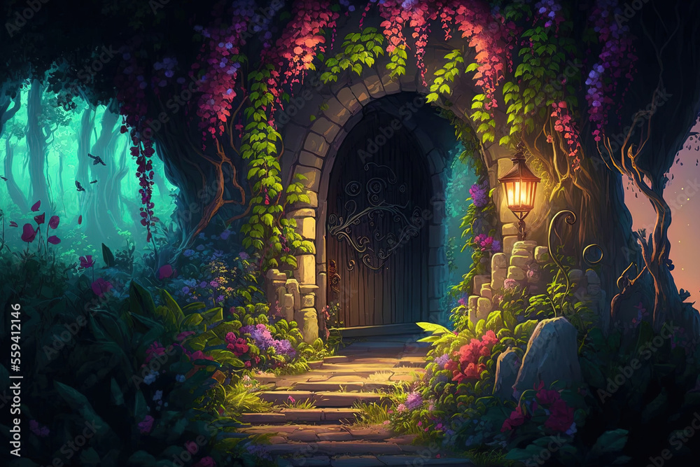 The Magical Garden Fantasy Background of Nature. concept painting Practical Book Video game history. Dedicated digital painting. CG art of scenery. Generative AI