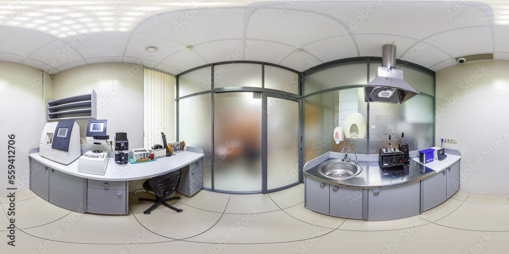 360 hdri panorama inside interior of modern research medical laboratory or ophthalmological clinic with equipment  in equirectangular spherical projection - obrazy, fototapety, plakaty 