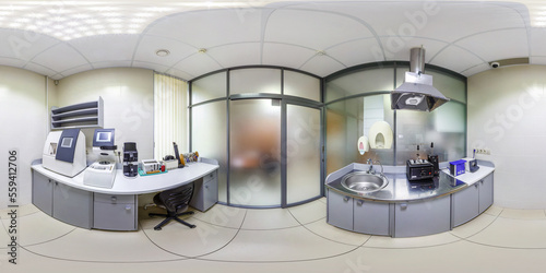 360 hdri panorama inside interior of modern research medical laboratory or ophthalmological clinic with equipment  in equirectangular spherical projection photo