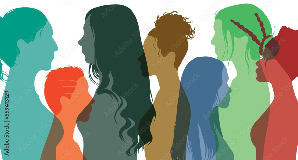 Racism, anti-racism, justice, allyship, and opportunities for racial equality. Profiles of multicultural multiethnic women and self-confidence. Flat Vector Illustration