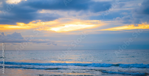 Beautiful tropical sea and sunset. Wide photo.
