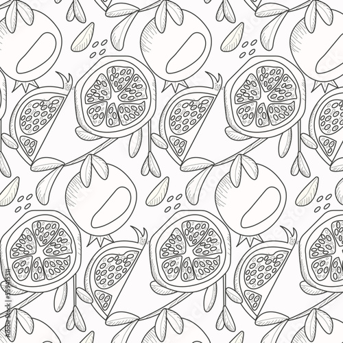 Pomegranate pattern. Whole and pieces of  garnet fruit with seeds