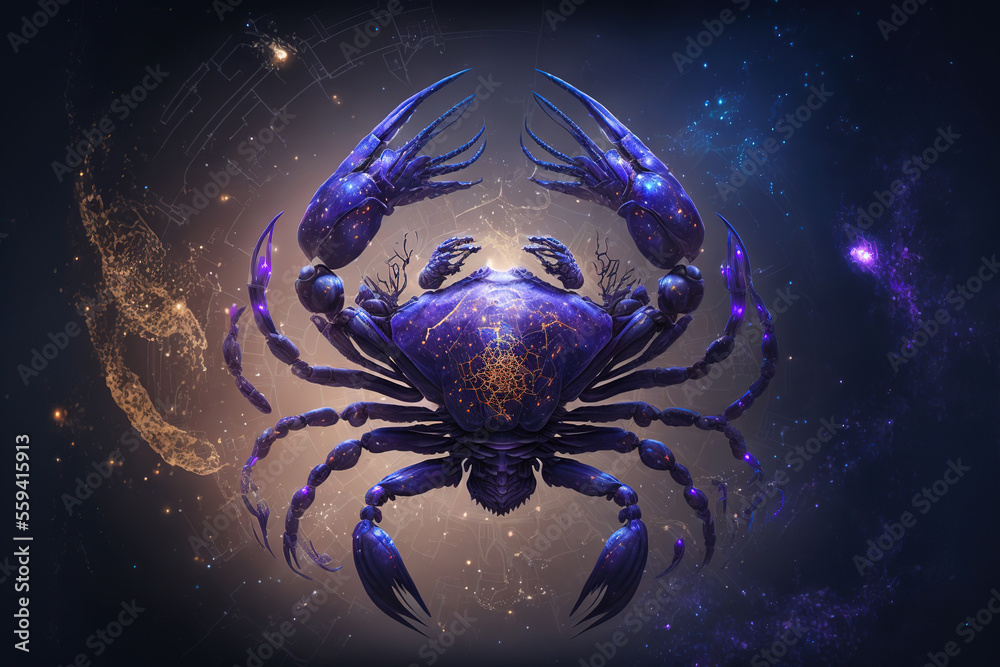Graphic of crab. Cancer horoscope sign in twelve zodiac with galaxy background. (ai generated) Graphic of crab. Cancer horoscope sign in twelve zodiac with galaxy background. (ai generated)