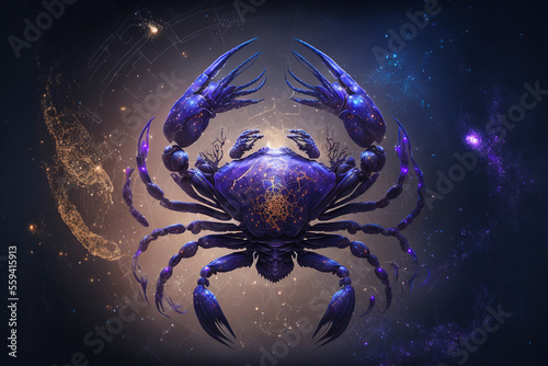 Graphic of crab. Cancer horoscope sign in twelve zodiac with galaxy background. (ai generated)