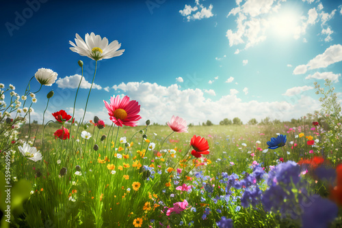 Fotografija Illustration of a flower meadow in spring. Generative AI.