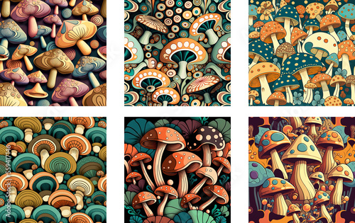 Collection of 6 x vintage mushrooms pattern in muted colors, mushrooms pattern. Illustration, generative art