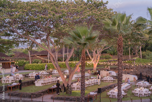 Amazing view on the decorated wedding table in the evening in Greece