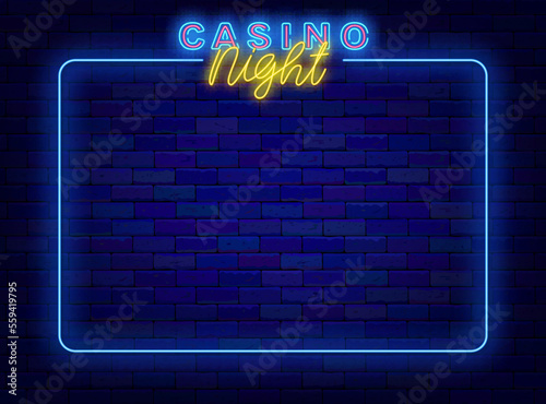 Casino night neon advertising. Blue frame with space for text. Shiny lettering banner. Vector stock illustration