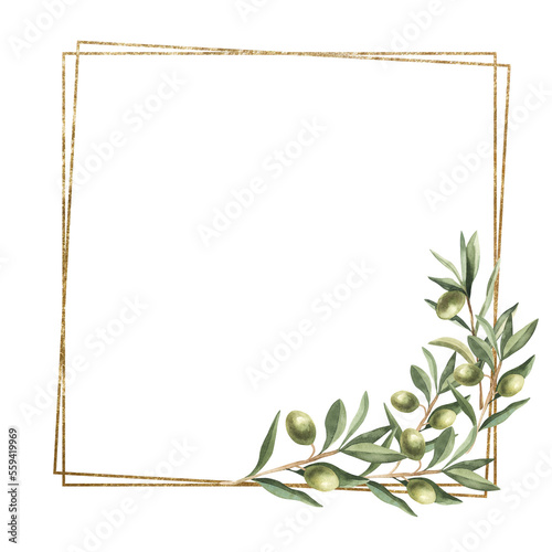 Square golden frame with golden olive branch watercolor illustration. Minimalism of forms in a square frame