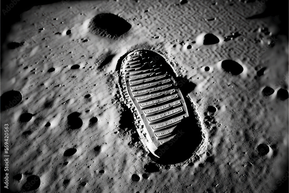 Illustration of the first step on the moon. Generative AI. - obrazy, fototapety, plakaty 