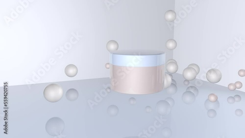 3d animation. A jar of cream or cosmetic care product floats among round balls. Gentle light background. Small bubbles or drops fall around the package and fly upwards. Beauty and health.
