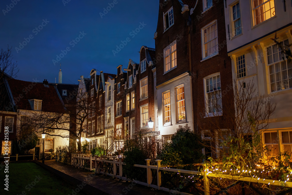 Amsterdam street at night, well illuminated houses. Home decoration