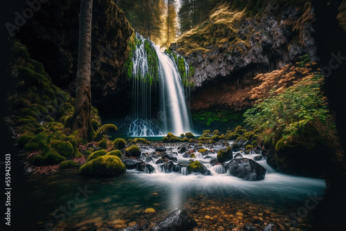 a waterfall with a long exposure amid a vibrant forest. Generative AI