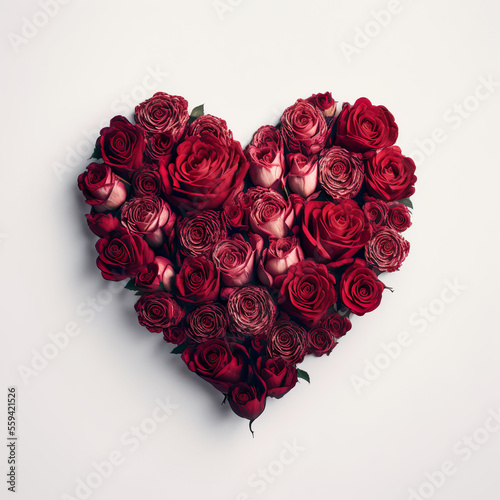 Heart shape made from red roses on white background, AI Generate