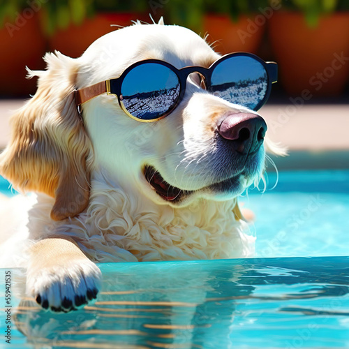 Funny cute dog wearing sunglasses on summer vacation at swimming pool, AI Generate