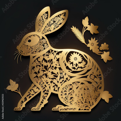 Gold rabbit zodiac sign on black background, AI Generate