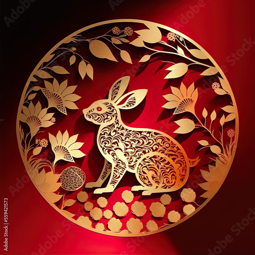 Gold rabbit zodiac sign on red background, AI Generate