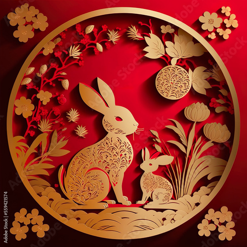Rabbit zodiac sign with gold paper art on red background, AI Generate