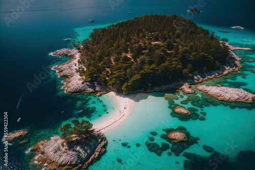 aerial drone view of stunning islands and unique beaches throughout the summer. Ionian Sea at Albania's Ksamil. hotels and resorts along the sea. Coastline. Generative AI