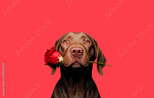 Adorable chocolate labrador with red rose in it's mouth, on red background, Valentine background
