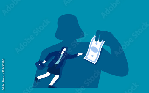 Greedy employee chasing for dollar. Money manipulation concept