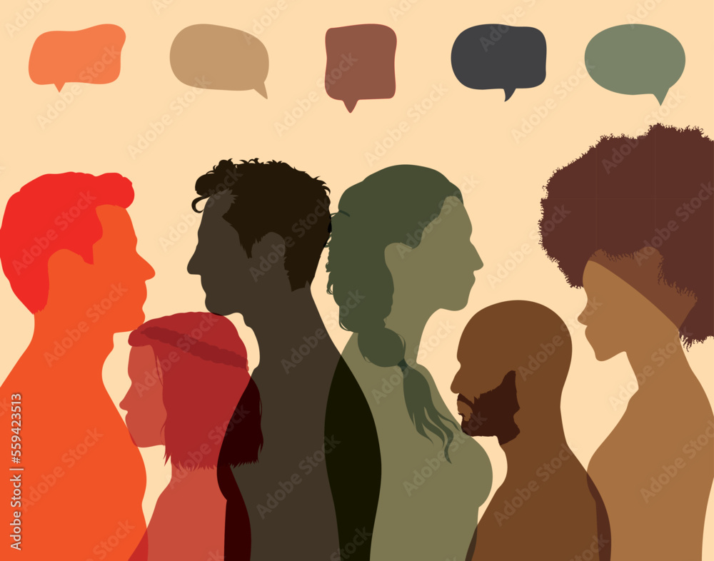 Diverse multicultural dialogue group. Vector illustration. People in profile talking to each other and peoples showing diversity. Share ideas in a speech bubble. 