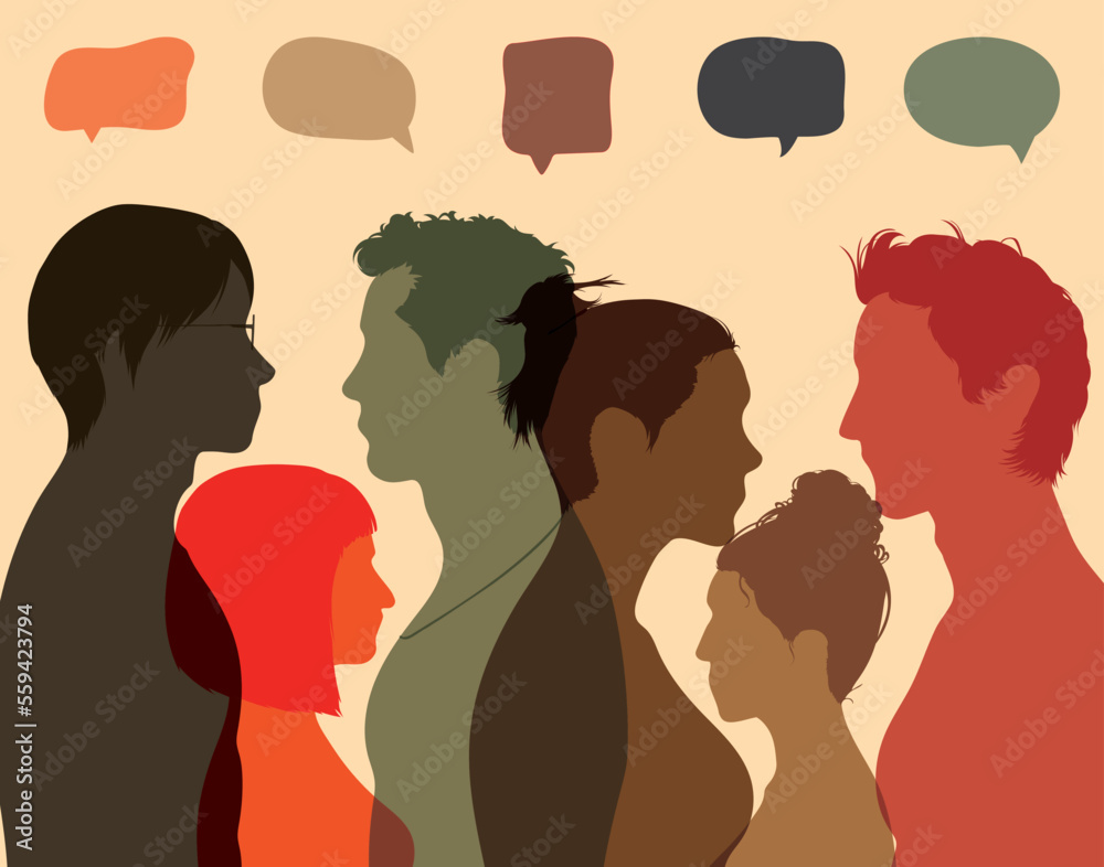Concept of community. Social networks provide a means of communication and information sharing. Vector Illustration. People in profile talking and interacting in a speech bubble.