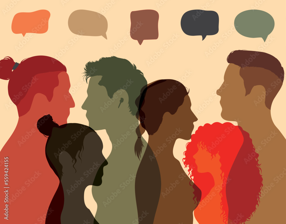 People share ideas and communicate with each other. Vector Illustration. Multiethnic and multicultural people talking and dialoguing in a crowd.