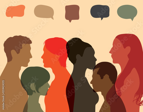 Speech bubbles. Share ideas and communicate among multiethnic and multicultural people. Vector Illustration. Dialogue and information exchange. 