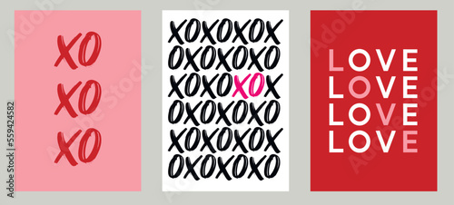 Love and XOXO - Valentine's day concept posters. Vector illustrations. Happy Valentines Day greeting cards photo