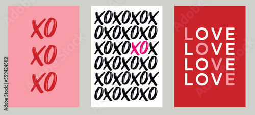 Love and XOXO - Valentine's day concept posters. Vector illustrations. Happy Valentines Day greeting cards