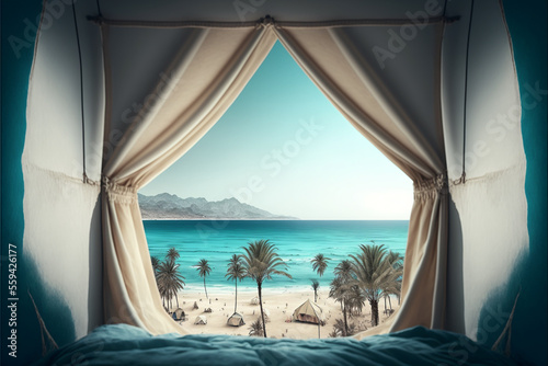 out of window view with palm trees, sea and tents. Front view. Generative AI © bahadirbermekphoto