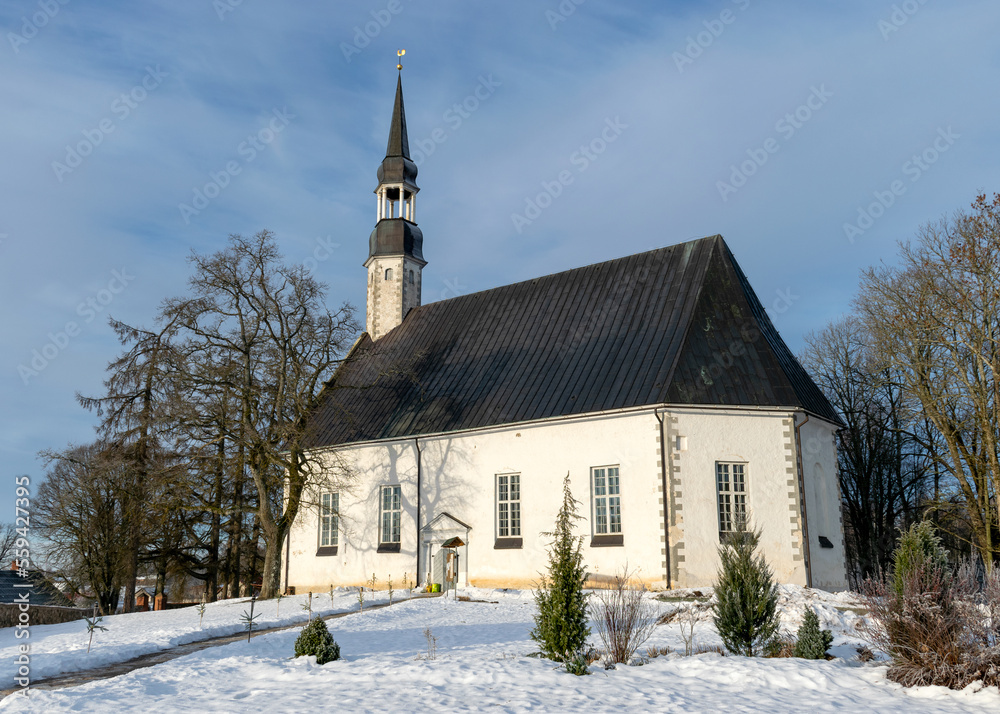 winter landscape with white church, winter day