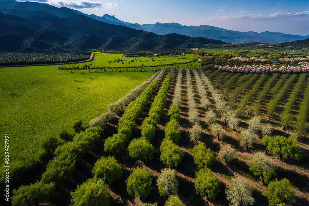 Aerial image of Pieria in northern Greece's agricultural landscapes with cherry trees. drone shot aerial view. Generative AI