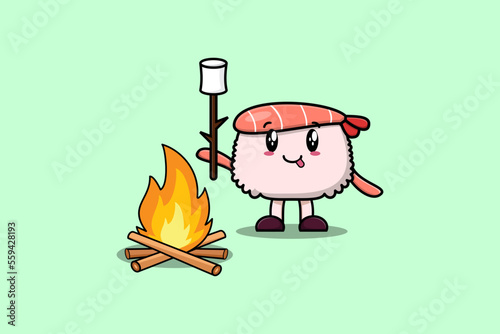 Cute cartoon sushi shrimp character is burning marshmallow