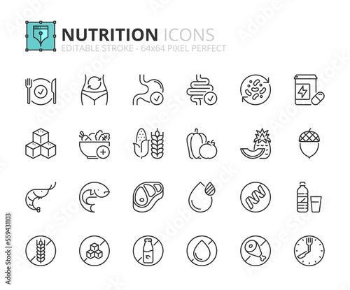 Foto Simple set of outline icons about nutrition, healthy food.