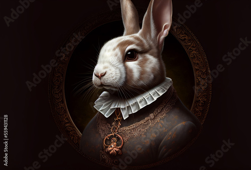 Rabbit aristocrat. Vintage outfit with ruff. White millstone collar. Generative Ai Art. Antique style portrait of a bunny in ruff collar.