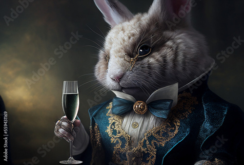 Rabbit aristocrat with glass of champagne. Vintage outfit with ruff. White millstone collar. Generative Ai Art. Antique style portrait of a bunny in ruff collar.