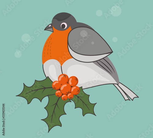 Cartoon vector bullfinch. A bright fluffy winter bird sits on a rowan branch with red berries. Winter card, poster with green background.