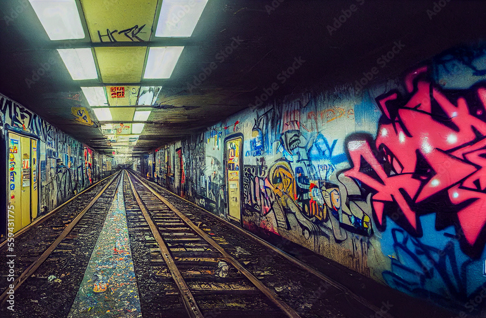 graffiti on a underground subway wall, generative ai illustration