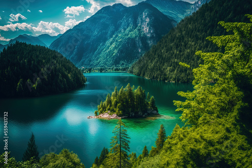 a slope with green trees above a blue lake. Generative AI