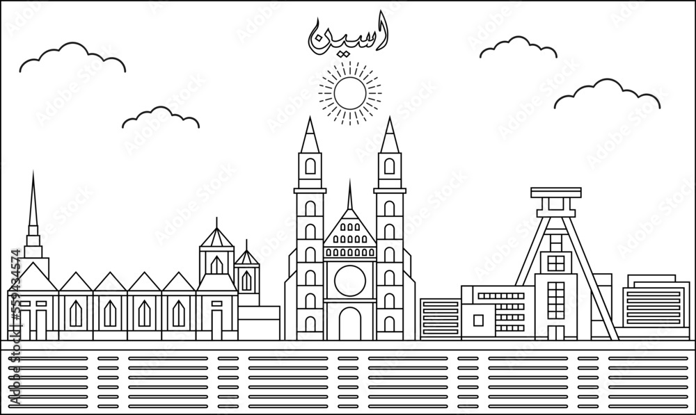 Essen skyline with line art style vector illustration. Modern city design vector. Arabic translate : Essen