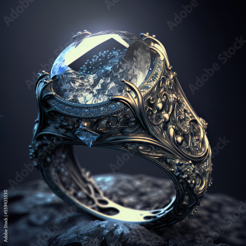 White diamond ring on dark background, AI Generate