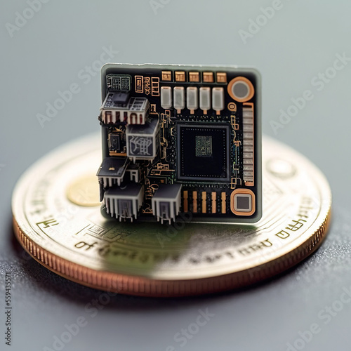 Micro chip comparison with coin, AI Generate