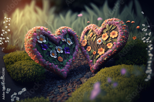 two hearts with flowers. Generative AI picture.